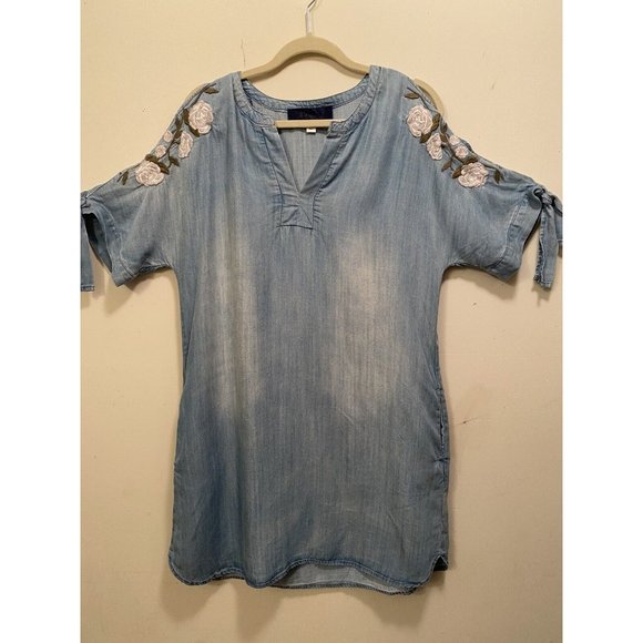 BLUE RAIN Dress Sand Washed Look Chambray Embroidered Cold Shoulder Pockets Med - Picture 2 of 12